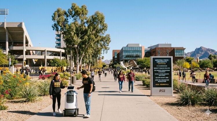 A landscape of ASU’s Tempe campus in 2026, showing students with tech, the #1 in Innovation sign, and the Silicon Desert connection.