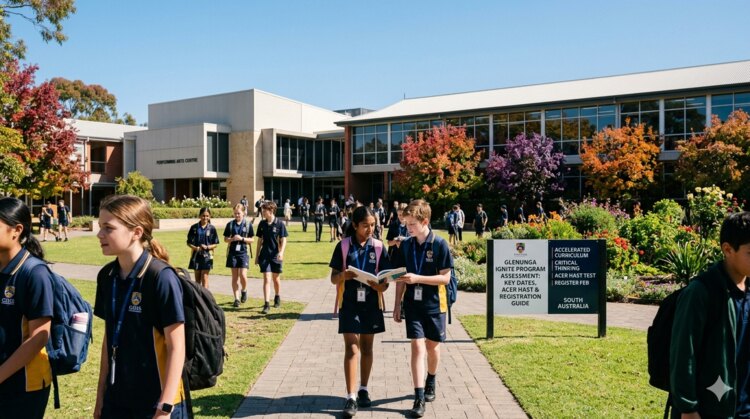 Landscape of Glenunga International High School campus, with a sign detailing the IGNITE Program Assessment, ACER HAST format, and February registration deadline for South Australia.