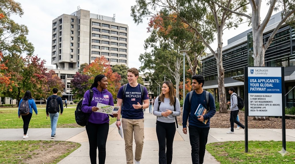 Monash University campus scene with a sign for USA applicants highlighting 3-year degrees, FAFSA eligibility, and Melbourne life.