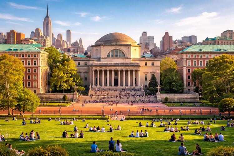 Columbia University’s Low Memorial Library in Manhattan, featuring students on the sunny South Lawn with the NYC skyline in the background.