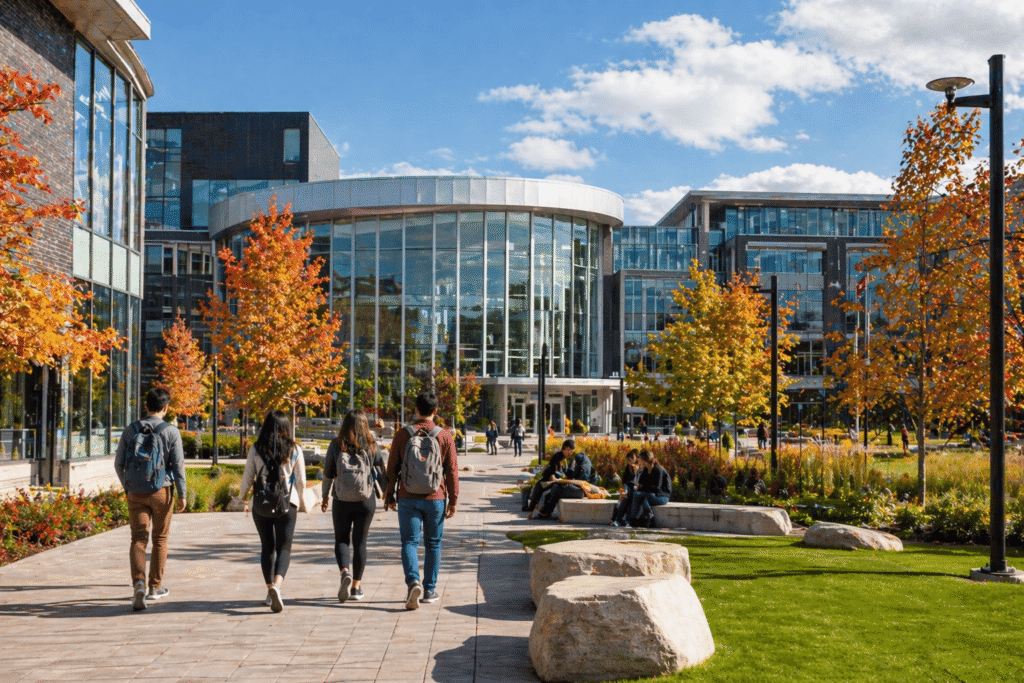 Students walking on a modern university campus with green lawns and academic buildings.