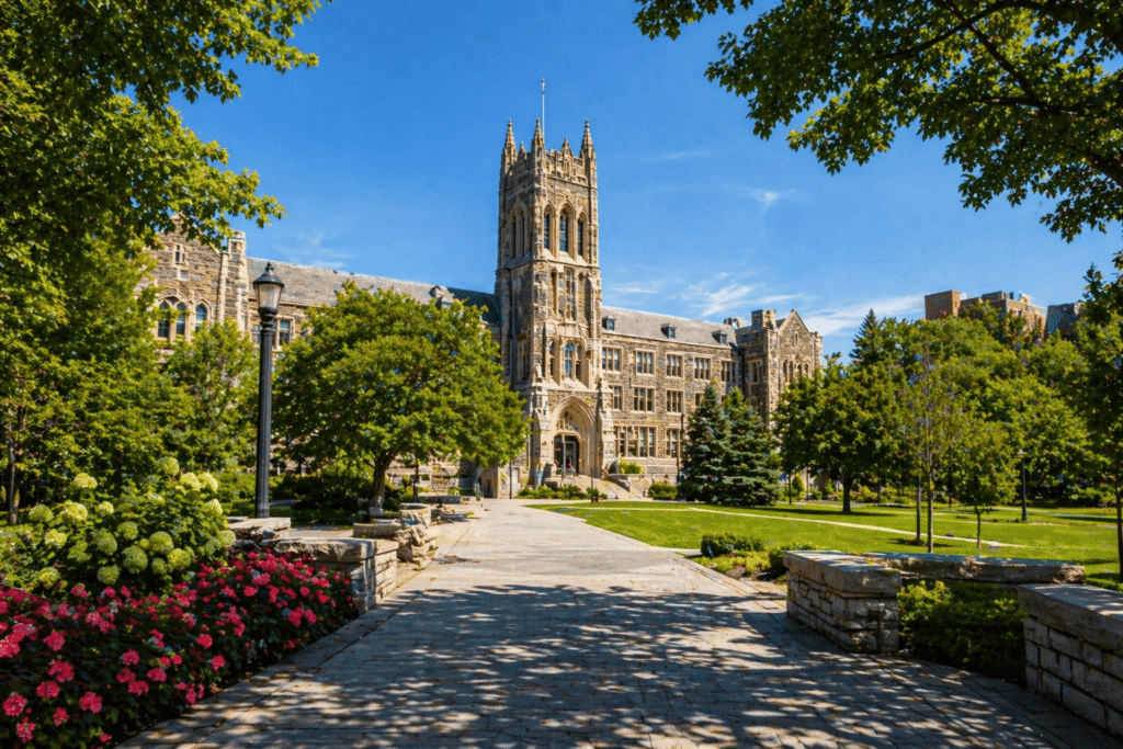 Historic university building with landscaped garden and pathway under clear blue sky.