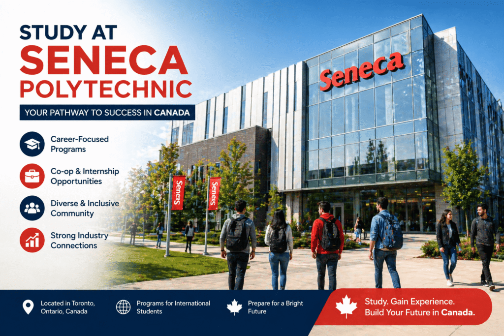 students walking outside Seneca Polytechnic campus building with promotional text about programs and opportunities in Toronto