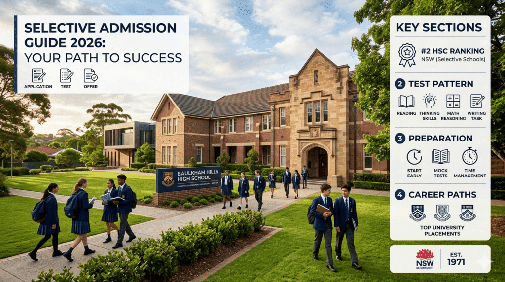 Baulkham Hills High School campus with students and admission/ranking infographic.