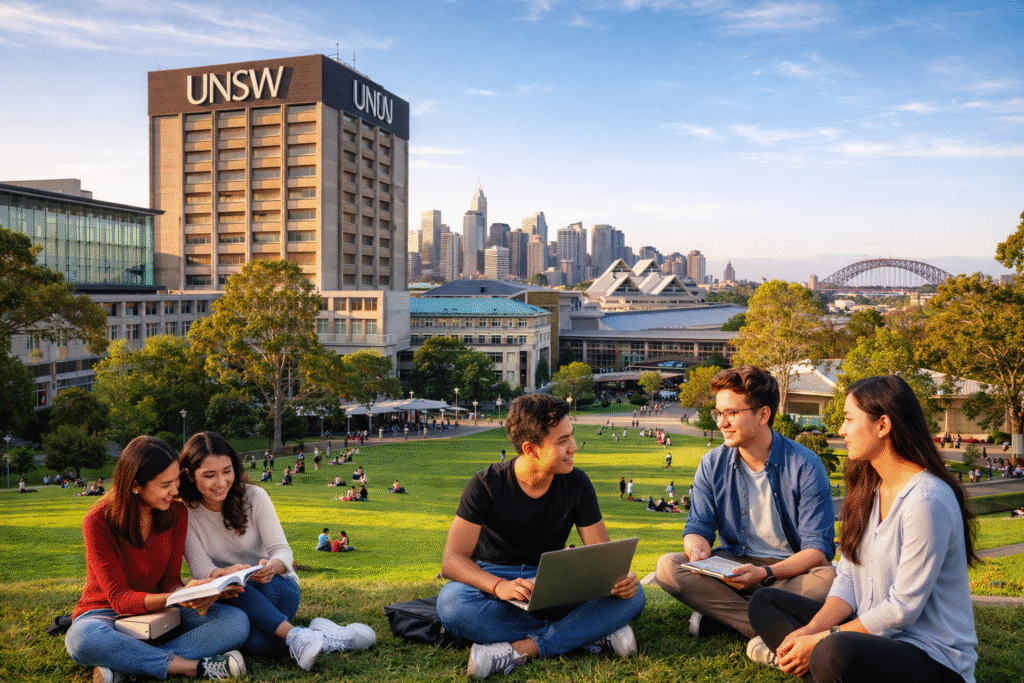International students studying on UNSW Sydney campus with city skyline in background