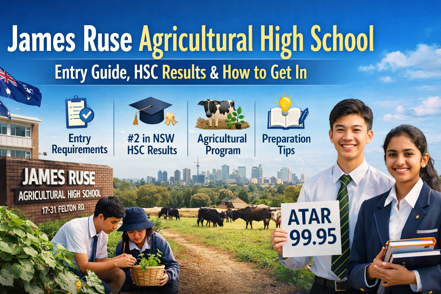 Landscape banner of James Ruse Agricultural High School highlighting entry guide, HSC results, agricultural program and ATAR excellence in NSW.