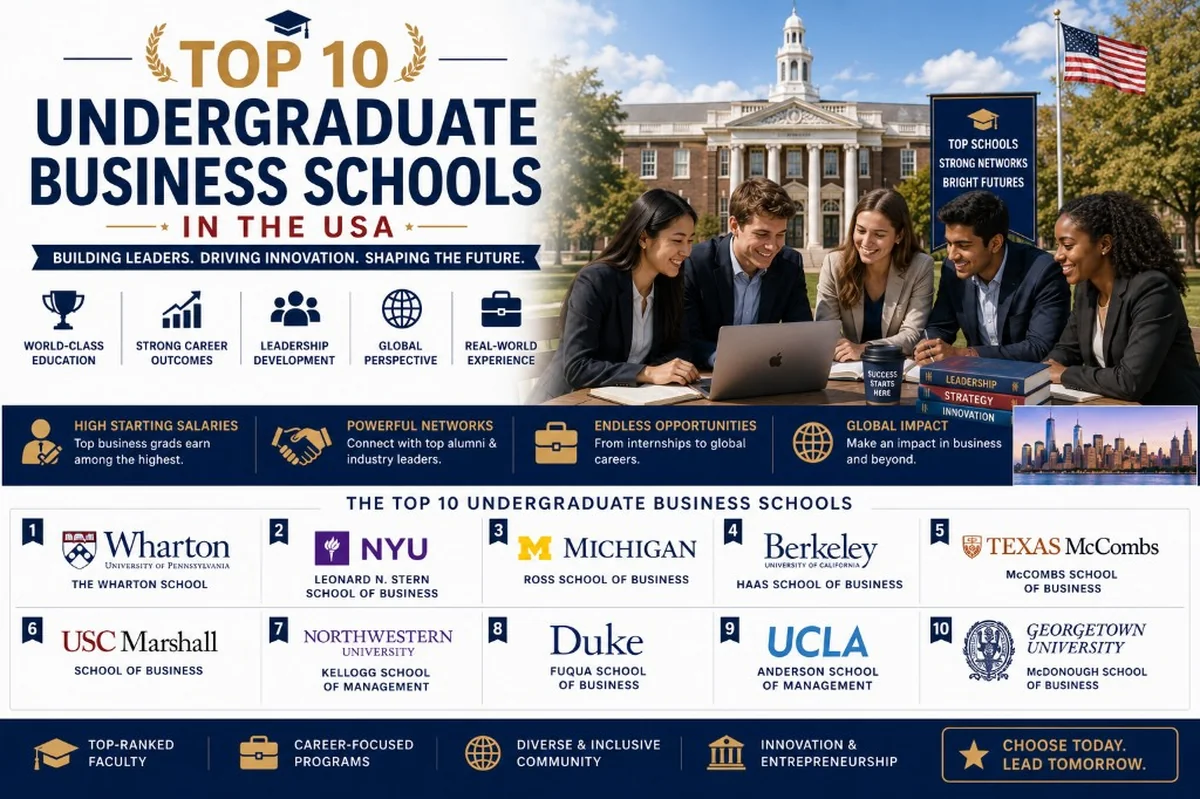 Top 10 undergraduate business schools in the USA – students studying with Wharton, NYU Stern, Ross, Haas and other top business school logos
