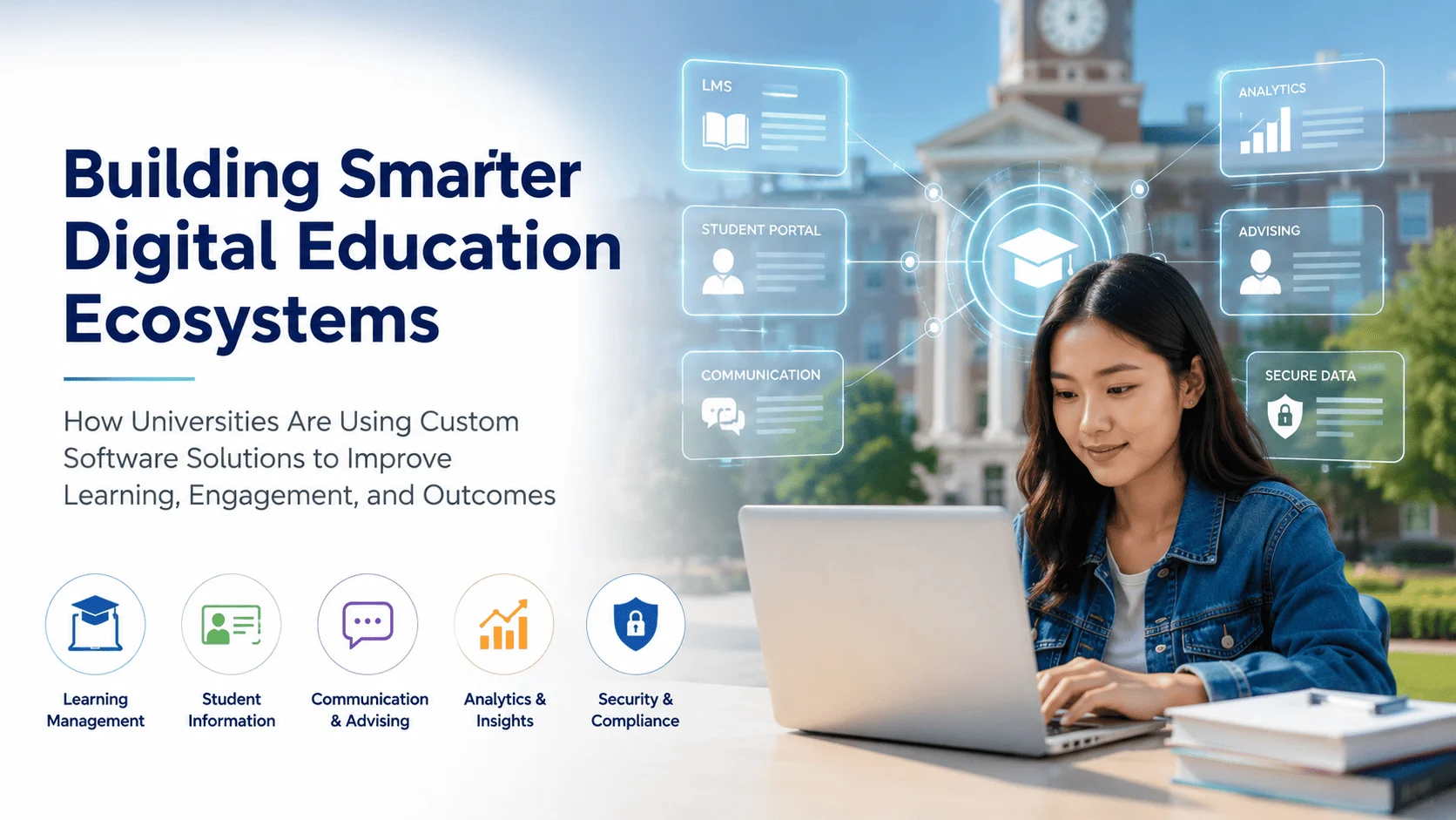 Digital education ecosystem connecting university learning, student information, analytics, advising and secure data systems