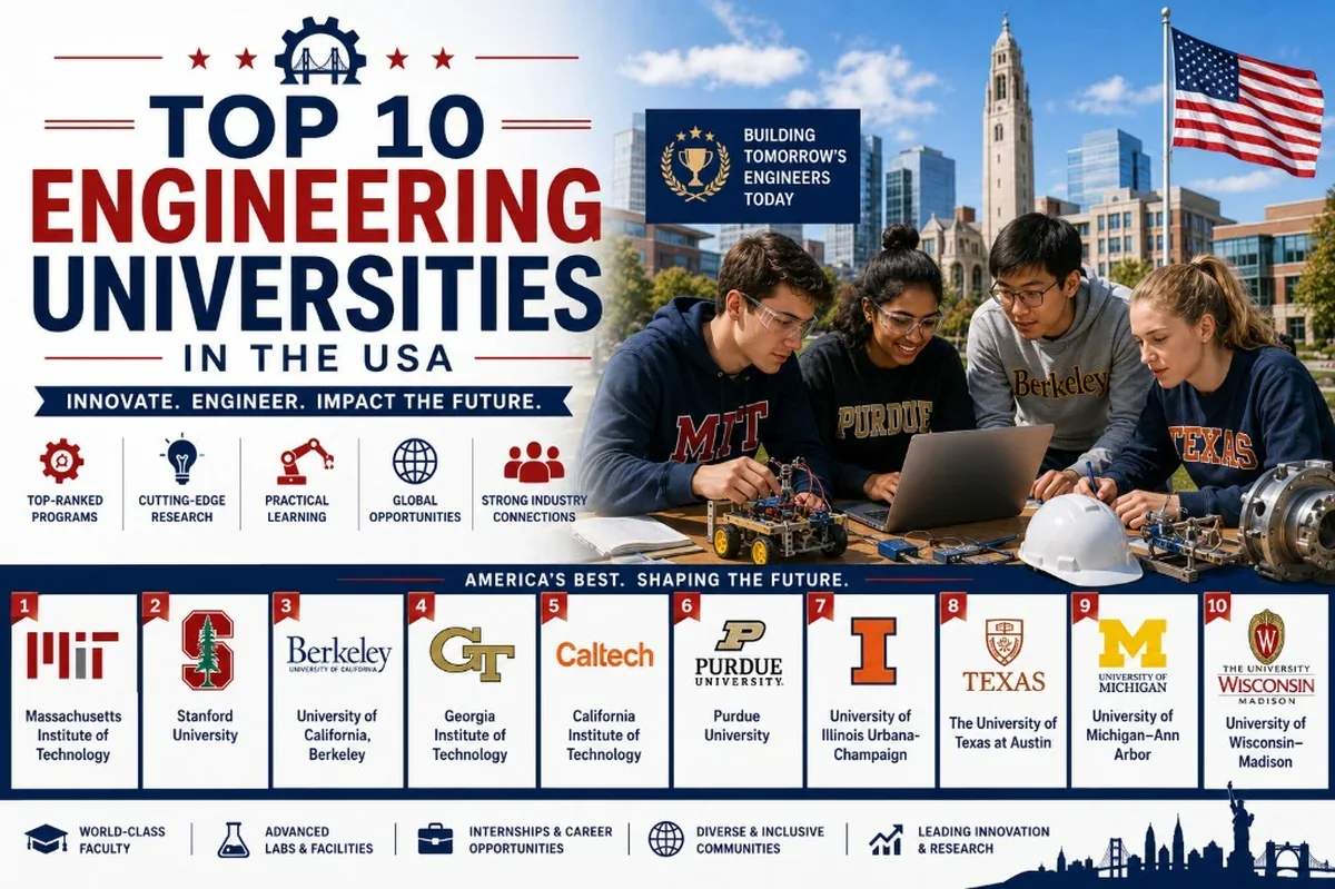 Top 10 engineering universities in the USA – students building a robotics prototype with top engineering school logos