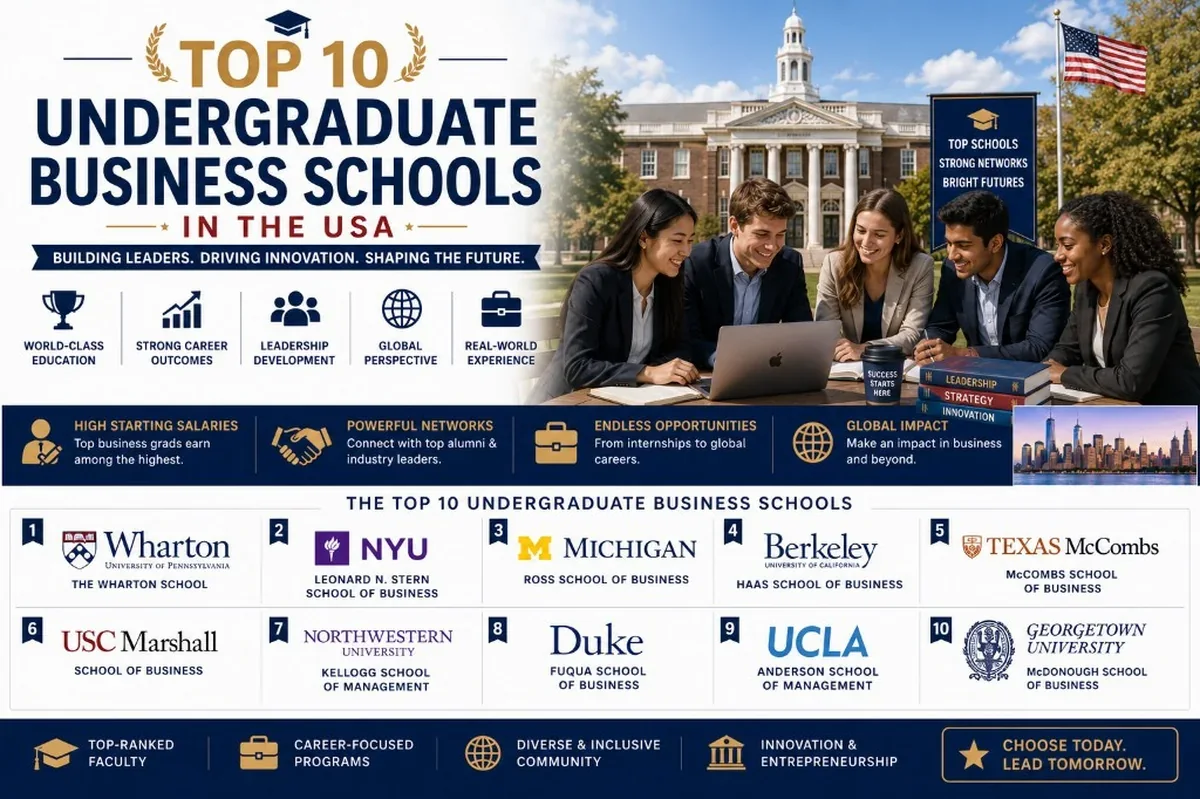 Top 10 undergraduate business schools in the USA – students studying with Wharton, NYU Stern, Ross, Haas and other top business school logos
