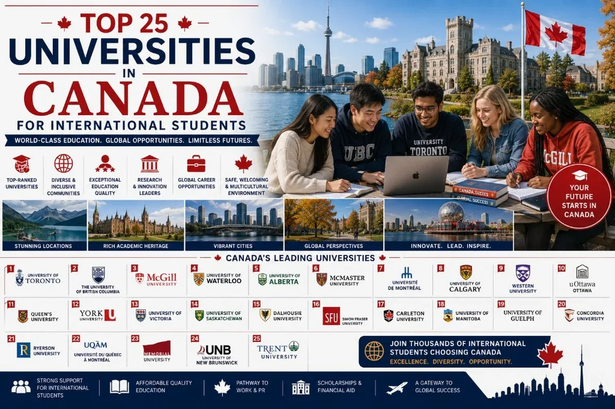 Top 25 universities in Canada for international students – diverse students studying with major Canadian university logos