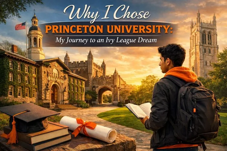 Student reading a book on the Princeton University campus with graduation cap and diploma in the foreground.