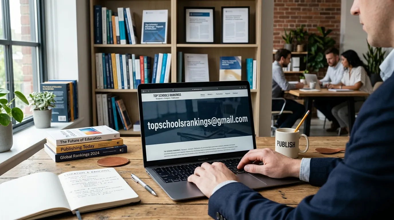 Freelance education writer typing an article draft on a laptop for Top Schools Rankings