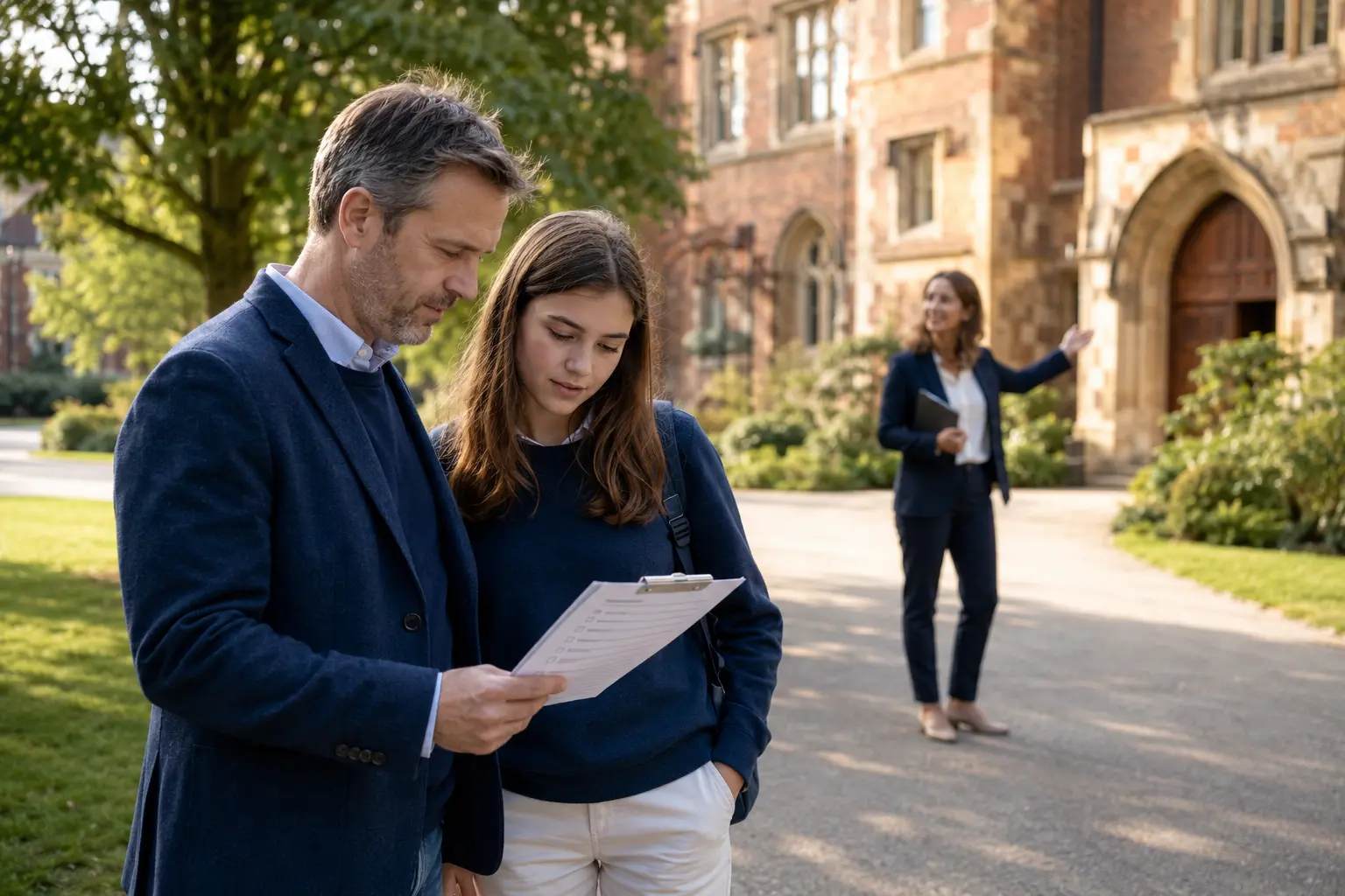 Parent and student using a checklist during a boarding school open day