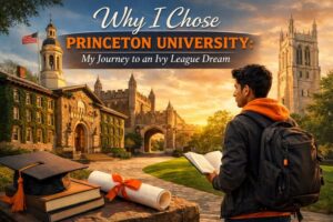 Student reading a book on the Princeton University campus with graduation cap and diploma in the foreground.
