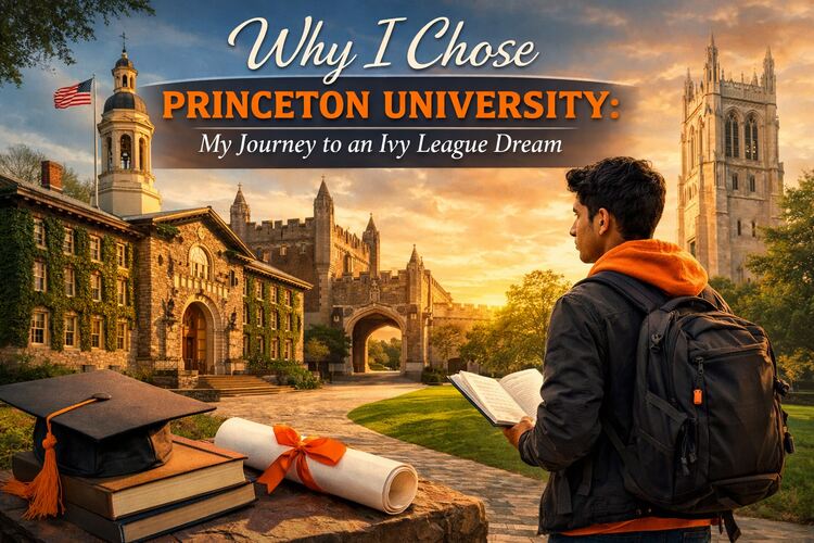 Student reading a book on the Princeton University campus with graduation cap and diploma in the foreground.