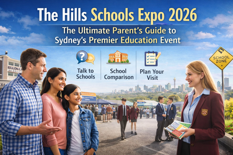 Landscape banner for The Hills Schools Expo 2026 showing parents speaking with school representatives at a Sydney education expo.