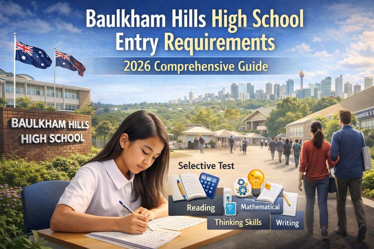 Baulkham Hills High School selective test preparation banner showing a student writing an exam with Sydney school campus background.