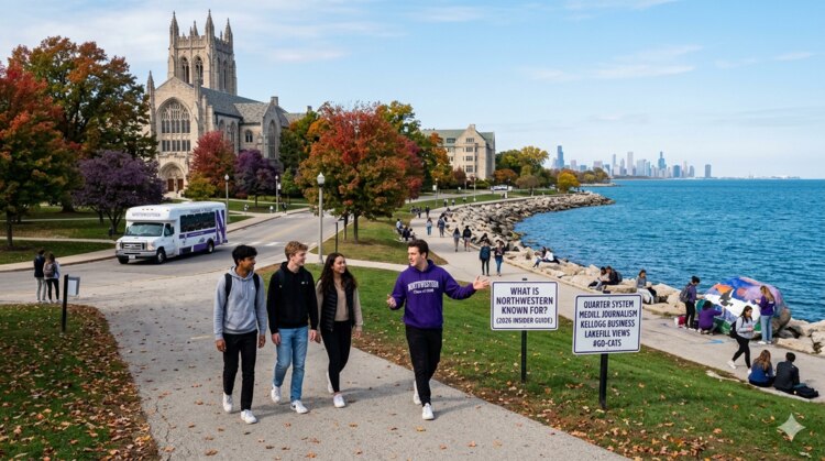 Landscape of Northwestern University’s lakefront campus in 2026, featuring students, Lake Michigan, and the Chicago skyline.