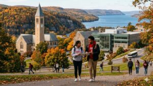 "A Cornell University student review in landscape, featuring the iconic McGraw Clocktower, Libe Slope descending towards Cayuga Lake, and diverse students walking with backpacks during an autumn day in October 2026.