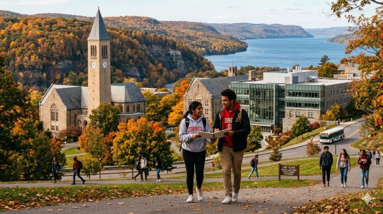 "A Cornell University student review in landscape, featuring the iconic McGraw Clocktower, Libe Slope descending towards Cayuga Lake, and diverse students walking with backpacks during an autumn day in October 2026.