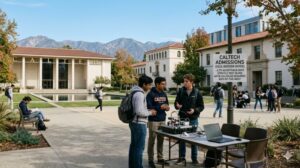 Landscape of Caltech campus in 2026, showing the 2.7% acceptance rate, test-blind policy, and mandatory Calculus requirement.