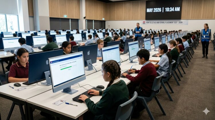 Students sitting the computer-based NSW Selective High School Placement Test 2026 in May 2026 in a large test center with invigilators.