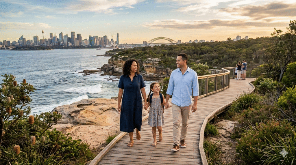 Family with a child walking along a coastal boardwalk in Sydney with the Harbour Bridge and city skyline in the background.