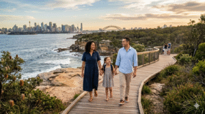 Family with a child walking along a coastal boardwalk in Sydney with the Harbour Bridge and city skyline in the background.
