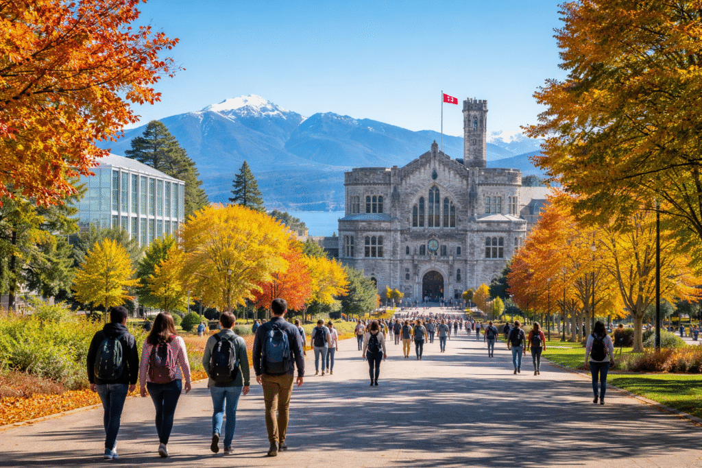 International students walking on University of British Columbia campus in Vancouver Canada with scenic mountain view.