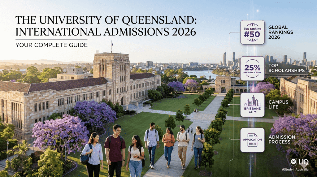 University of Queensland campus with international students and an admissions guide infographic.