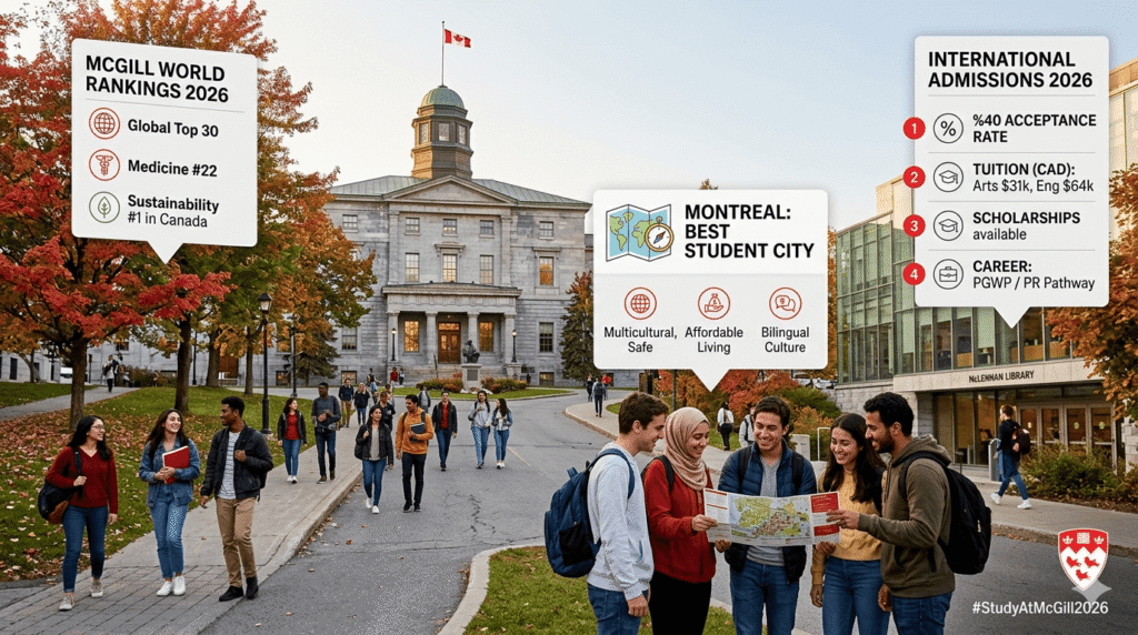 McGill University campus in Montreal featuring international students with an infographic showing 2026 rankings, tuition fees, and admission facts.