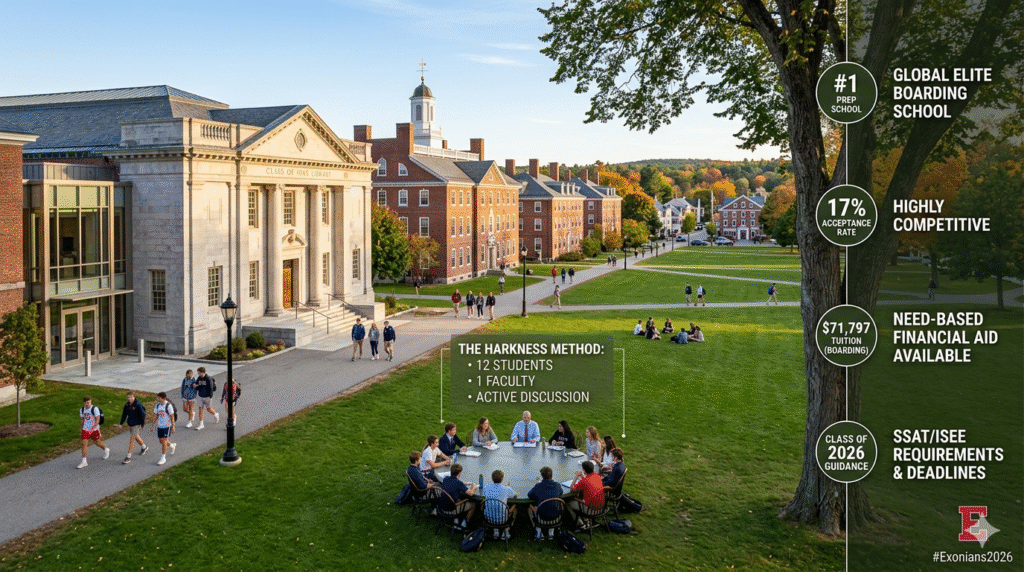 Phillips Exeter Academy campus with students in a Harkness discussion and infographic data.