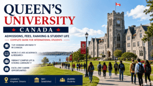 students walking on pathway at Queen’s University campus with historic stone building, lake view, and informational text overlay in Kingston Ontario.