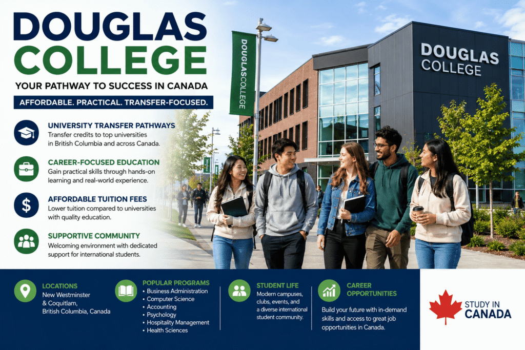 Douglas College campus banner showing international students, modern college building, transfer pathways, affordable tuition, and career-focused education in Canada.